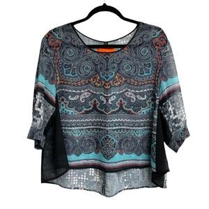 CLOVER CANYON Blue Oversized Crew Neck Blouse Print Wide Sleeves